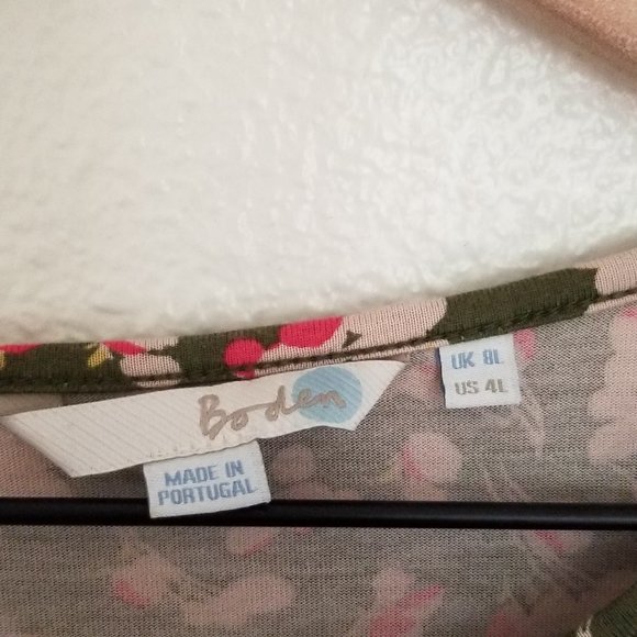 Boden Portobello Floral Midi Dress Sz 4L Pink/Green Ruffle Hem 3/4 Sleeves Belt - Picture 4 of 7